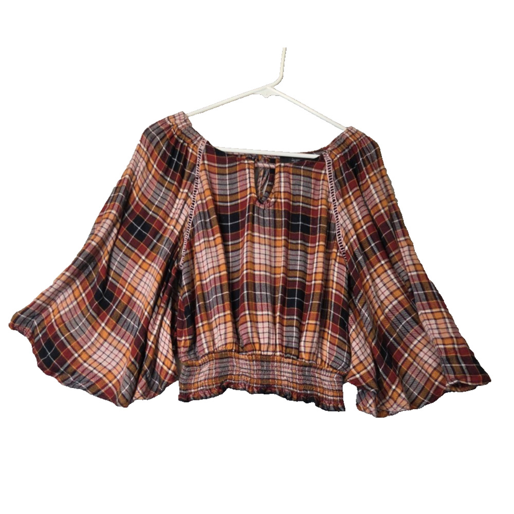 Angie Brown Plaid Angel Sleeve Keyhole Tie Back Blouse Women's Medium